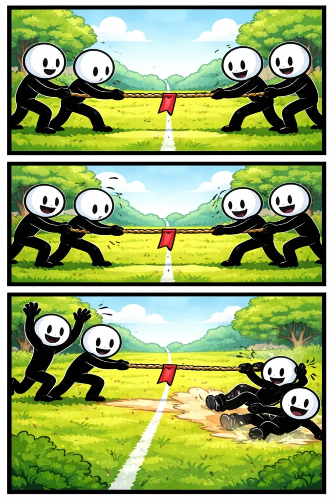 Stickman-groep die buiten touwtrekt in Toonwords-stijl, met een gespannen touw tussen twee teams – woord “touwtrekken” centraal.