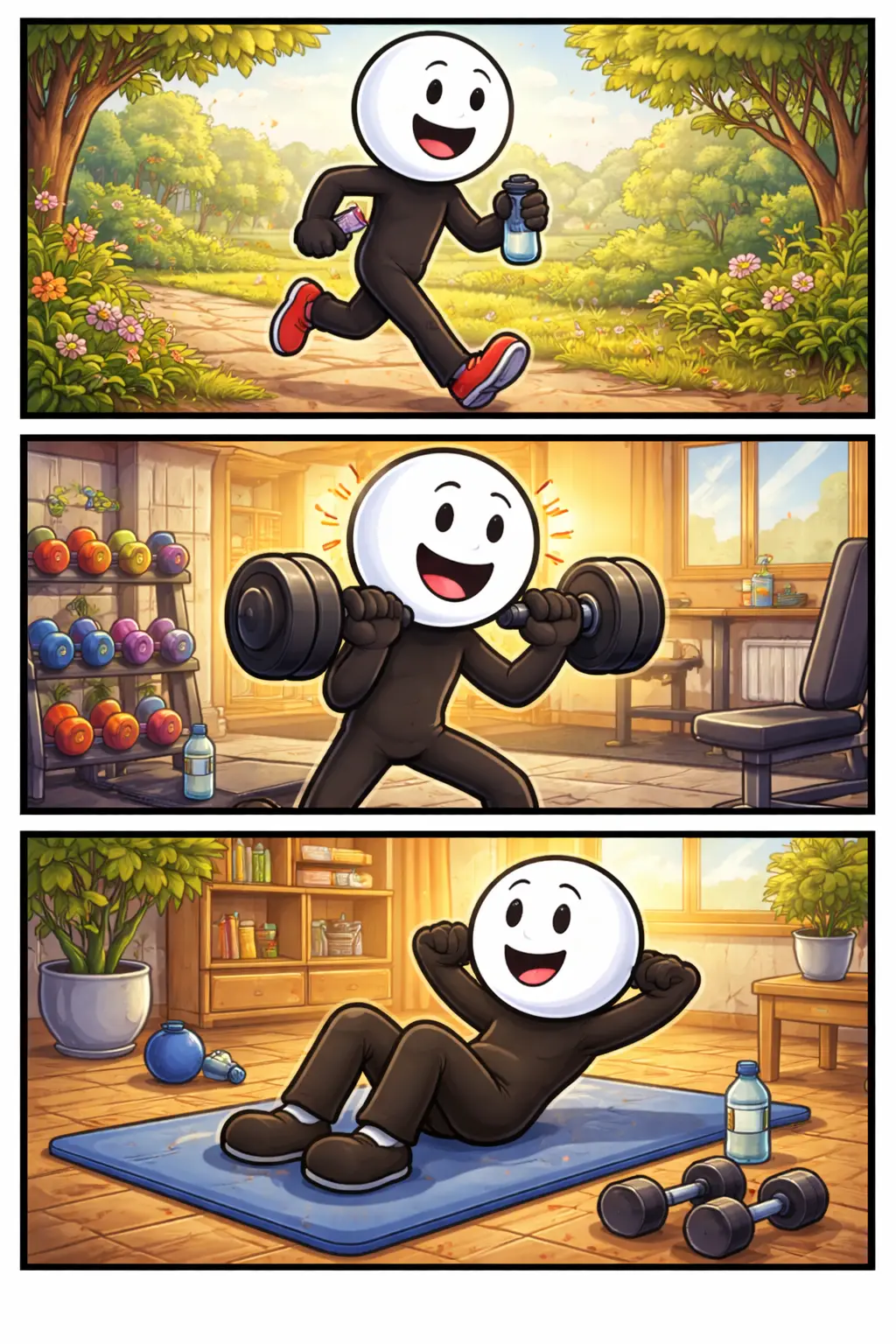 Stripafbeelding in Toonwords-stijl van een stickman die training doet, met verschillende oefeningen en bewegingen die oefenen en verbeteren laten zien.