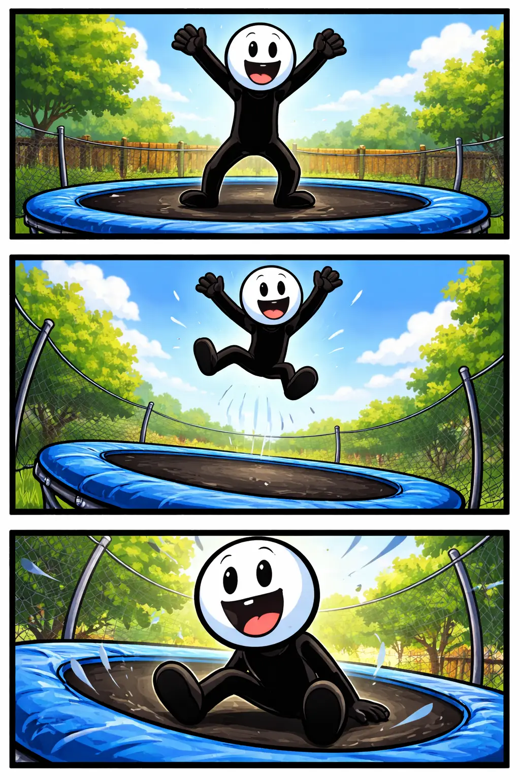 Een trampoline in Toonwords-stijl waarop een stickman vrolijk omhoog stuitert.