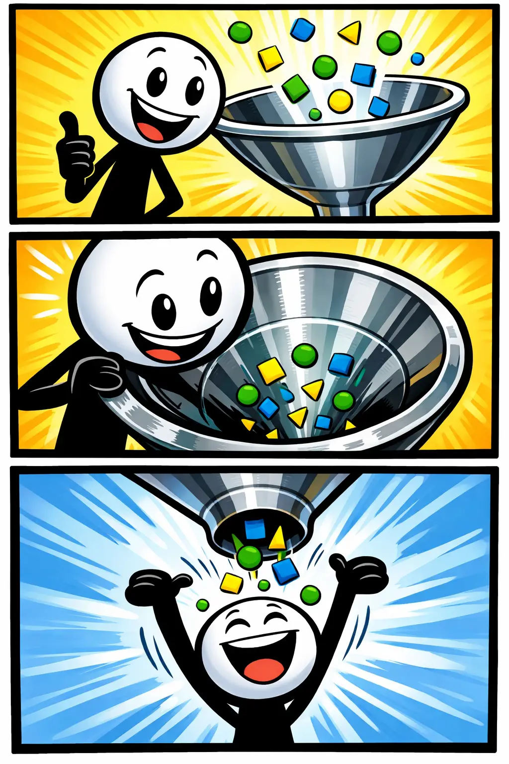 Stickman gebruikt een trechter in drie panelen om vormen naar beneden te leiden – Toonwords-stijl.