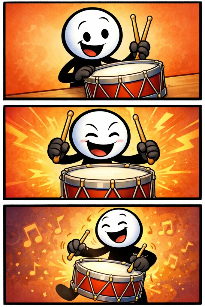 Stickman die in drie panelen een trommel ontdekt, bespeelt en geniet van het ritme; het Nederlandse woord trommel wordt verbeeld.