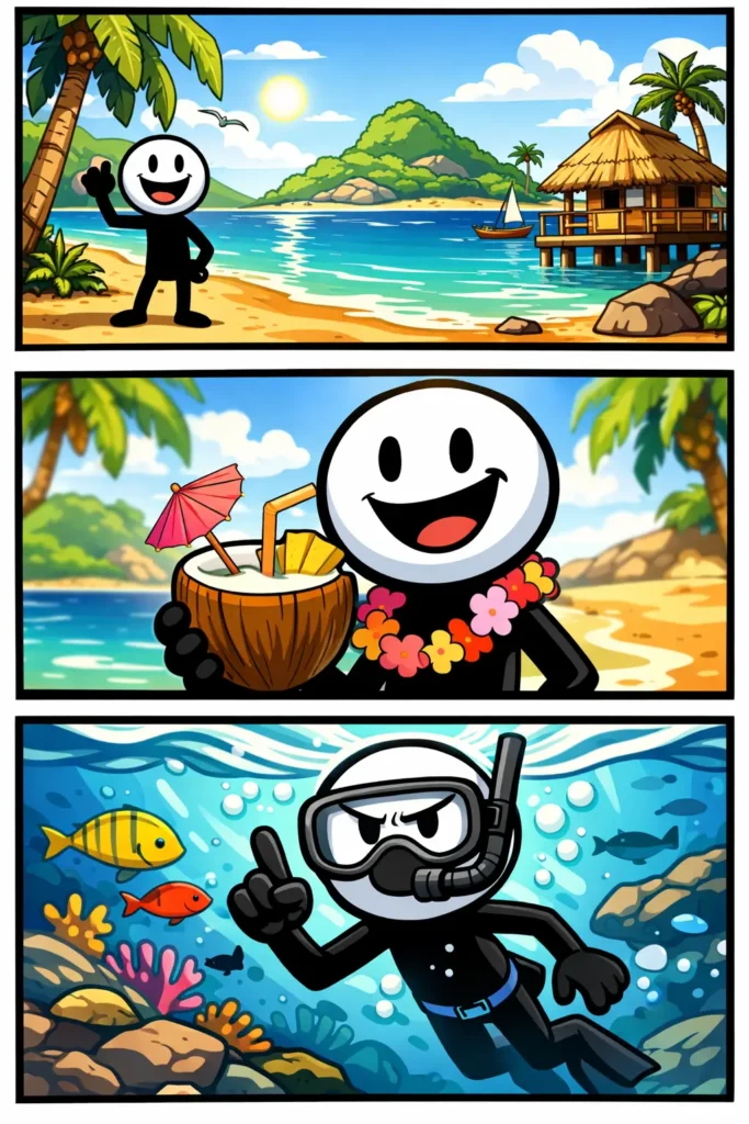 Stickman op een tropisch eiland met palmbomen, strand en helder water — Tropisch eiland.