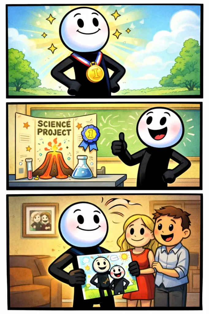 Stickman staat trots rechtop met een brede glimlach, zichtbaar tevreden over zijn prestatie.