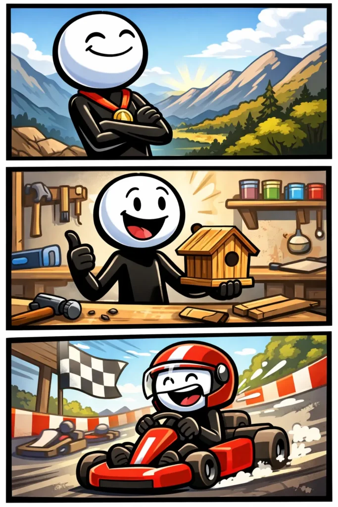 Stickman staat trots rechtop met een brede glimlach, zichtbaar tevreden over zijn prestatie.