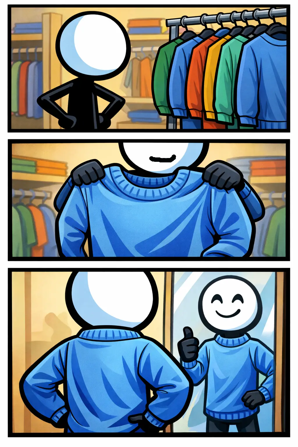 Stickman met witte kop en zwart lichaam bekijkt een blauwe trui, houdt hem omhoog en past hem in drie strippanelen in Toonwords-stijl.