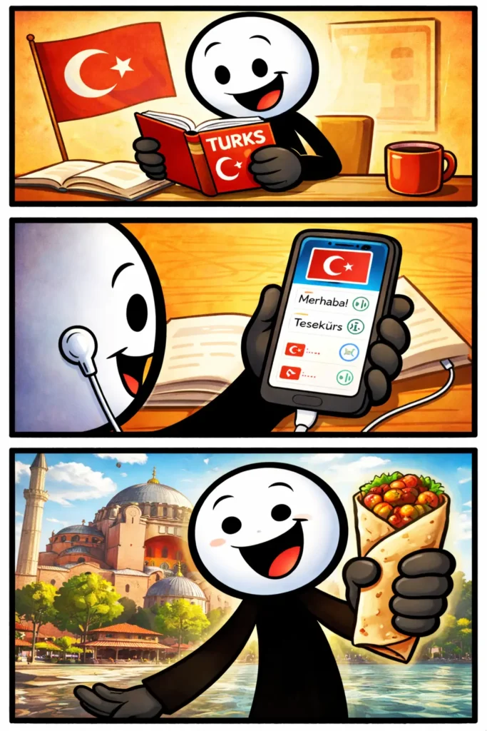 NL:
Stickman die Turks leert in drie panelen, terwijl het woord Turks wordt uitgebeeld.

TR:
Üç panelde Türkçe öğrenen ve “Turks” kelimesini temsil eden bir stickman.