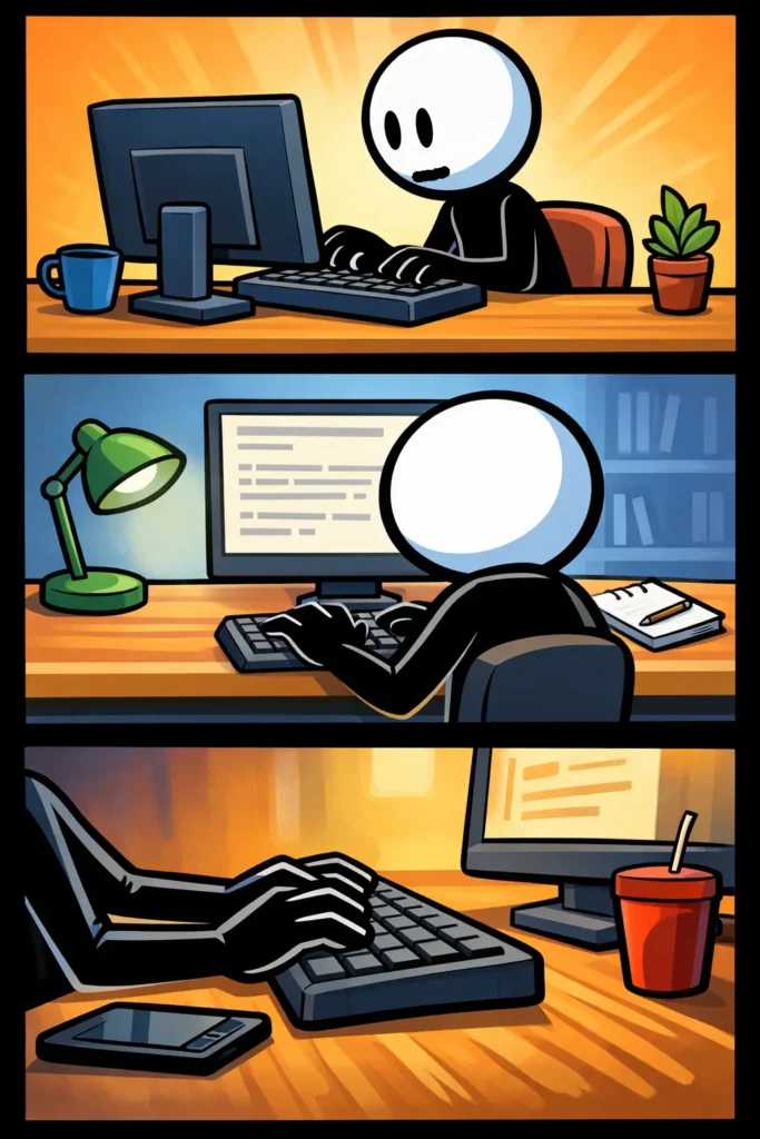 Stickman die aan een bureau zit en met beide handen begint te typen op een toetsenbord bij het woord “typen”.