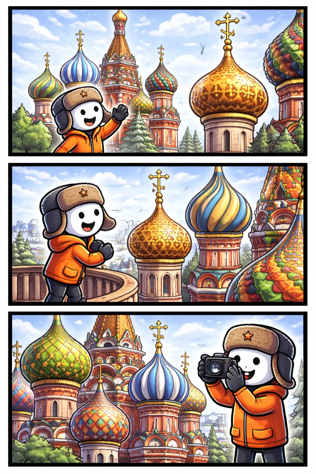 Stickman in Toonwords-stijl die omhoog kijkt naar kleurrijke ui-koepels op een kerkgebouw, met het woord Ui-koepel als thema.