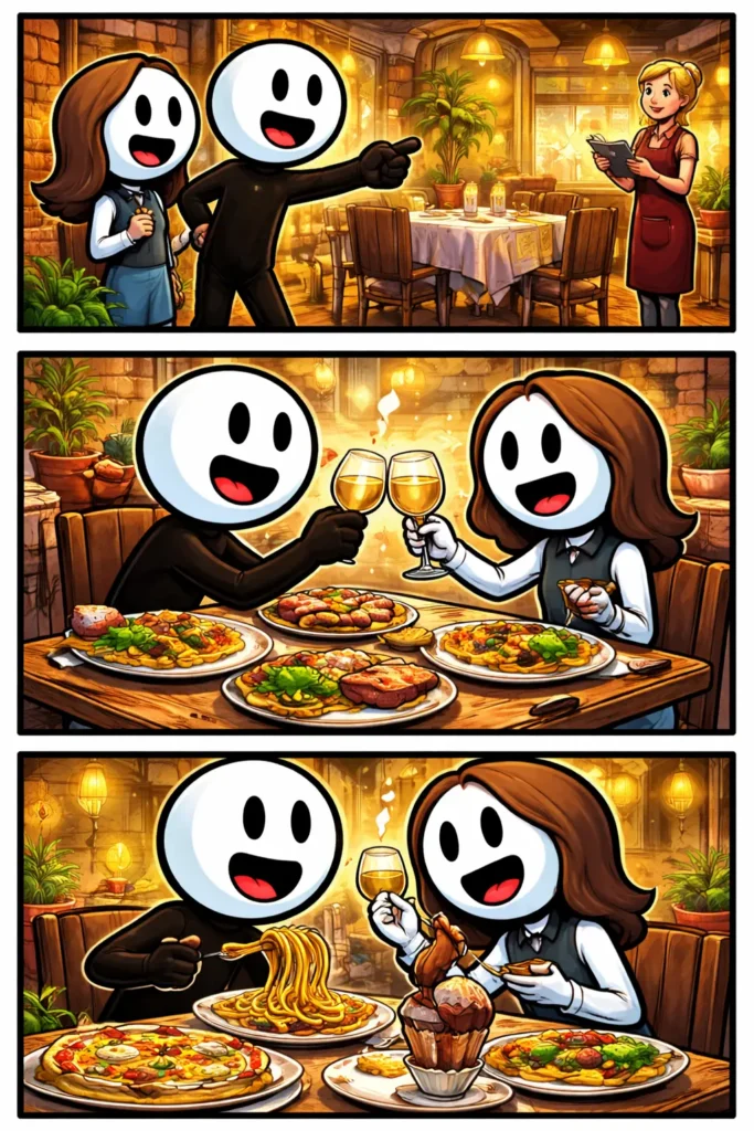 Toonwords-strip over Uiteten met een stickman die in een restaurant zit, bestelt, proost en geniet van het eten.