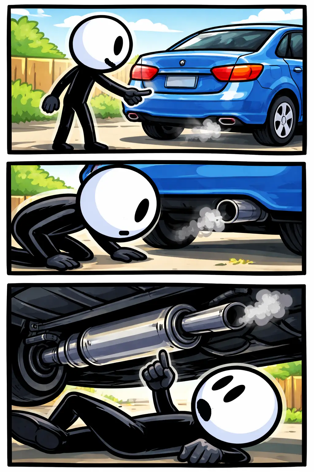 Toonwords-strip met een stickman die onder een auto kijkt en de uitlaat aanwijst.