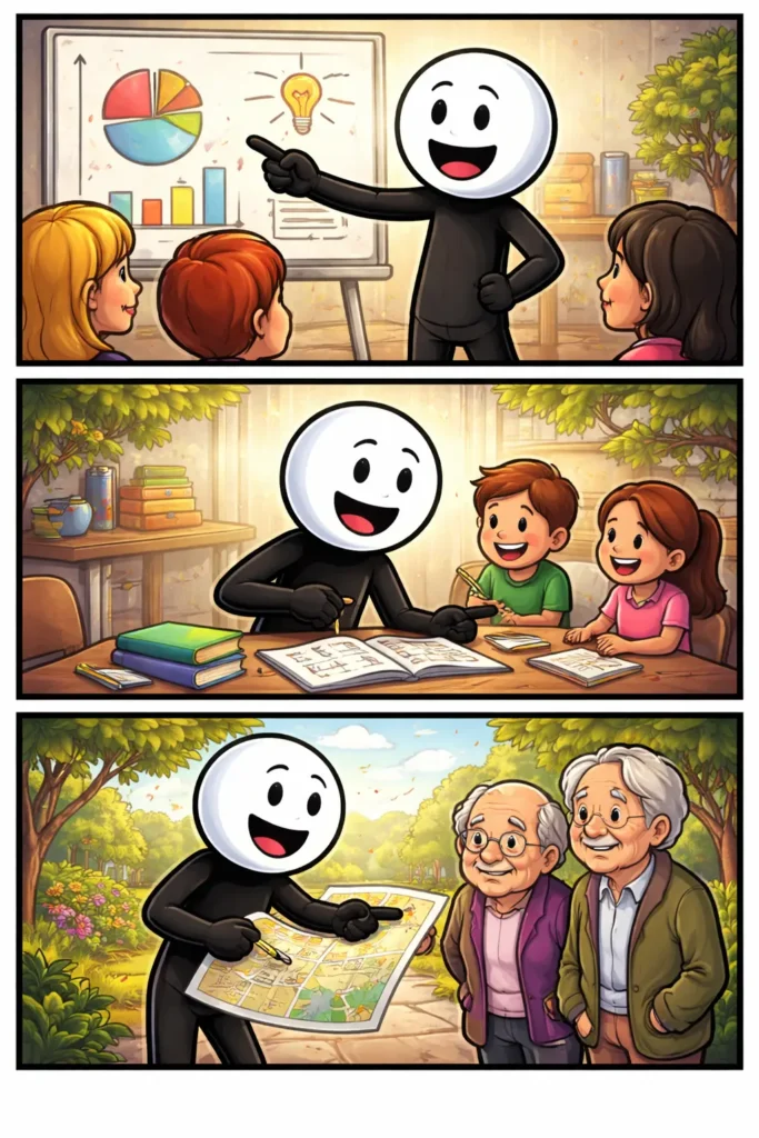 Stripafbeelding in Toonwords-stijl van een stickman die uitleg geeft, wijzend en pratend terwijl anderen aandachtig luisteren.