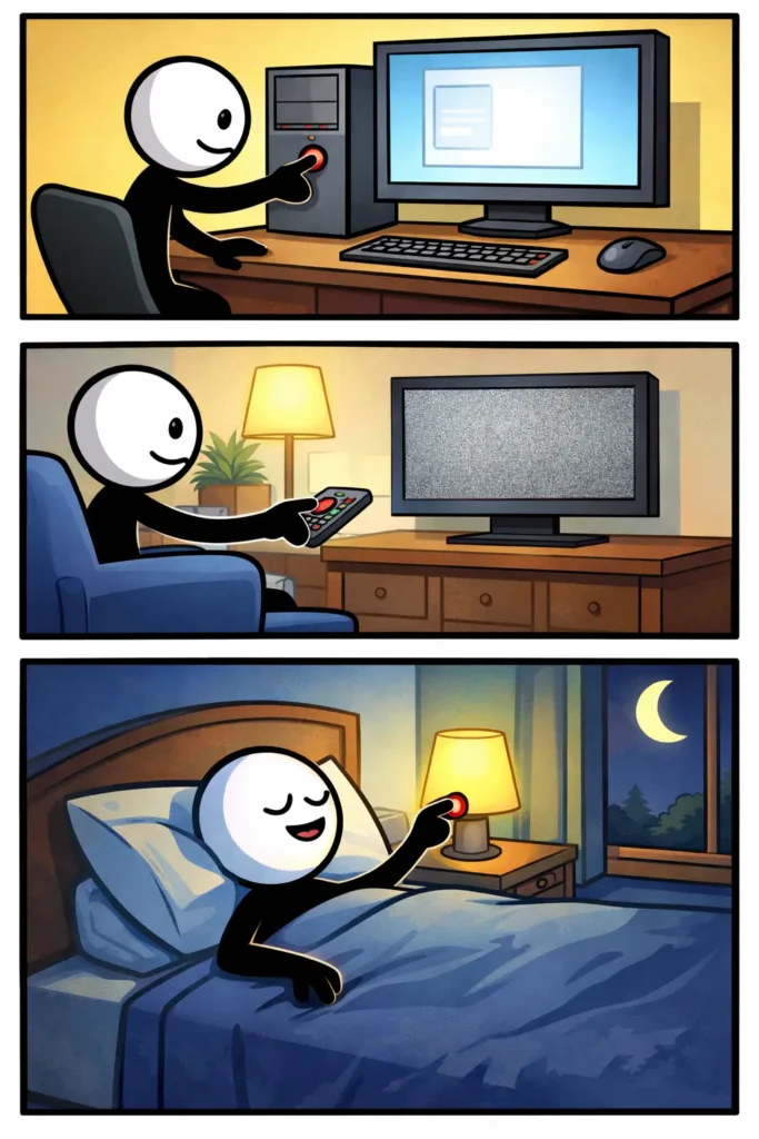 Stickman schakelt in drie panelen verschillende apparaten uit met een tevreden glimlach.