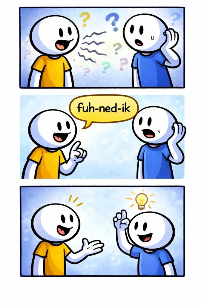 Stripafbeelding met drie panelen van een stickman in Toonwords-stijl die uitspraak laat zien door luisteren, herhalen en begrijpen.