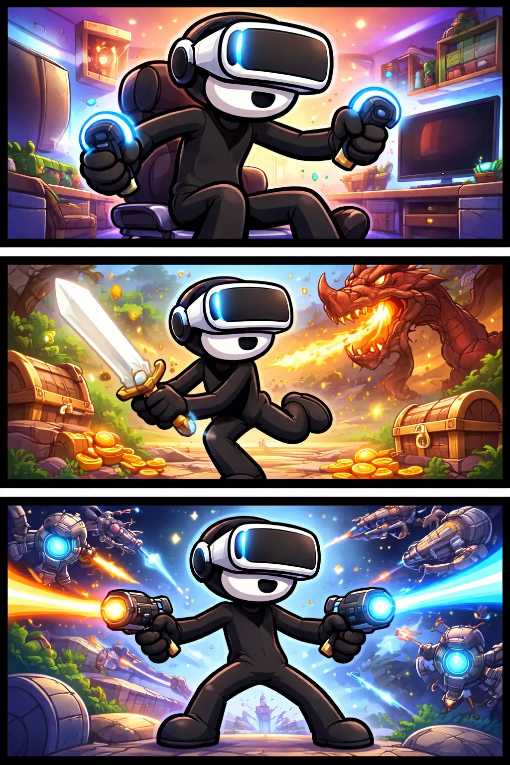 Toonwords-strip met stickman die een VR-bril draagt en een virtuele wereld ervaart.