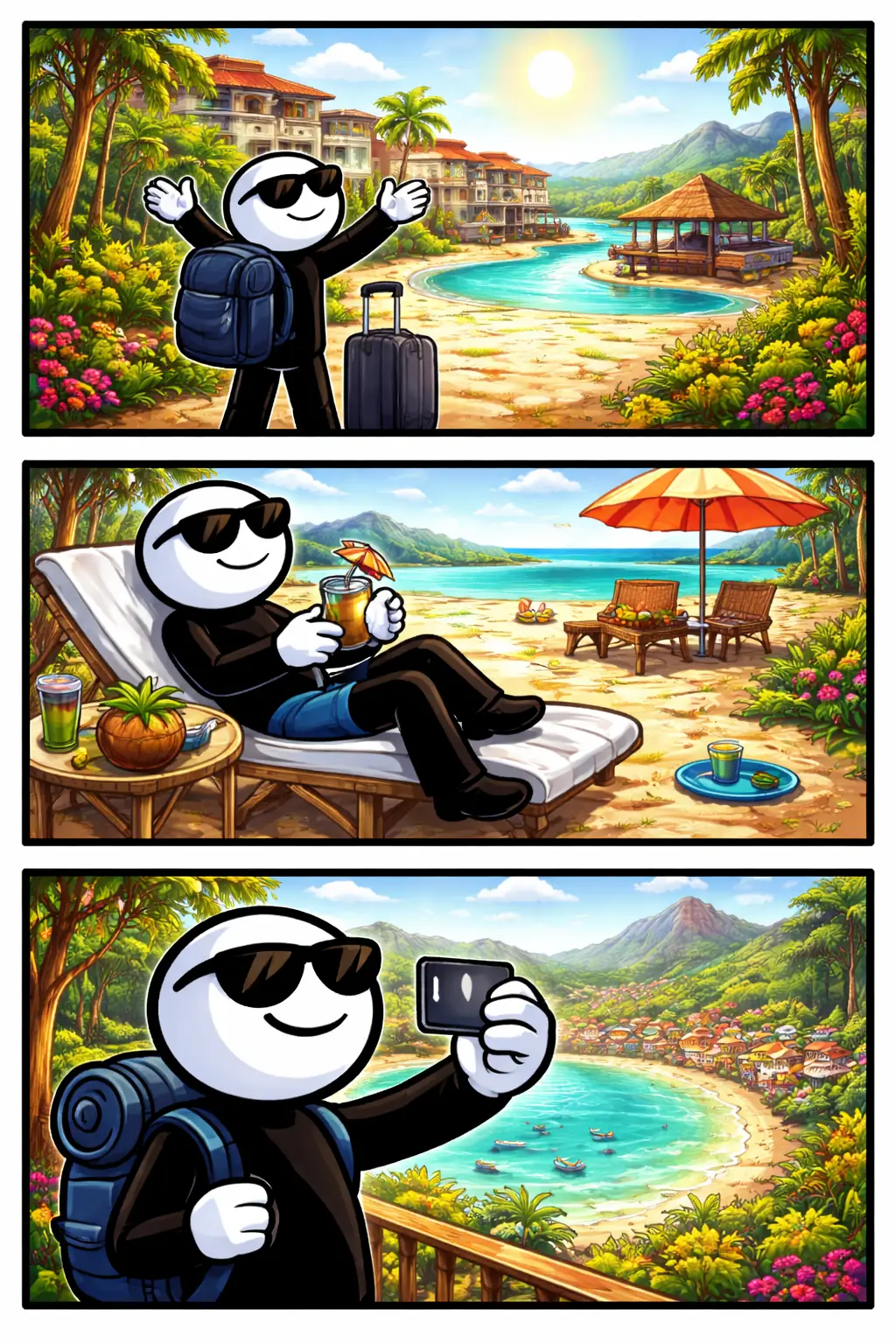 Toonwords-stripafbeelding van Vakantiebestemming met een stickman die in drie panelen onderweg is naar een gekozen reisdoel en het gevoel van aankomen verbeeldt.