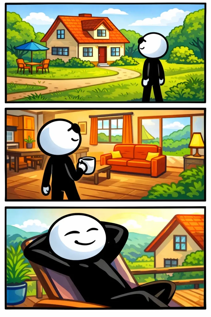 Toonwords-stripafbeelding van Vakantiehuis met een stickman die een ontspannen verblijf in en rond een tijdelijk vakantieverblijf ervaart.