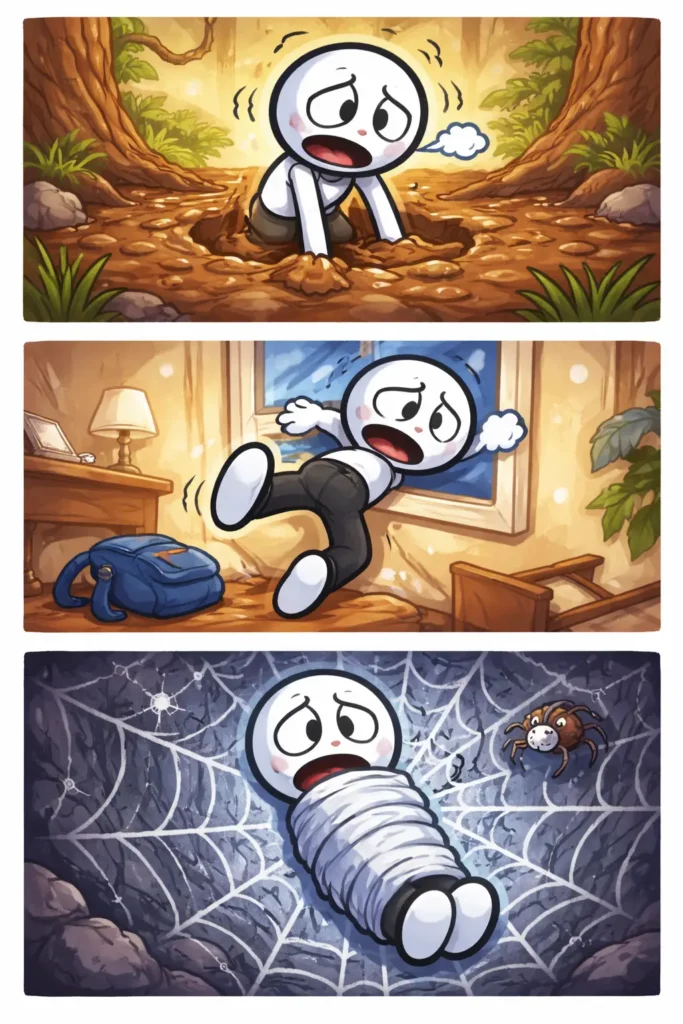 Driepanelige stripafbeelding van een stickman in Toonwords-stijl die laat zien hoe vast zijn eruitziet, met situaties waarin bewegen niet lukt en loskomen moeilijk is.