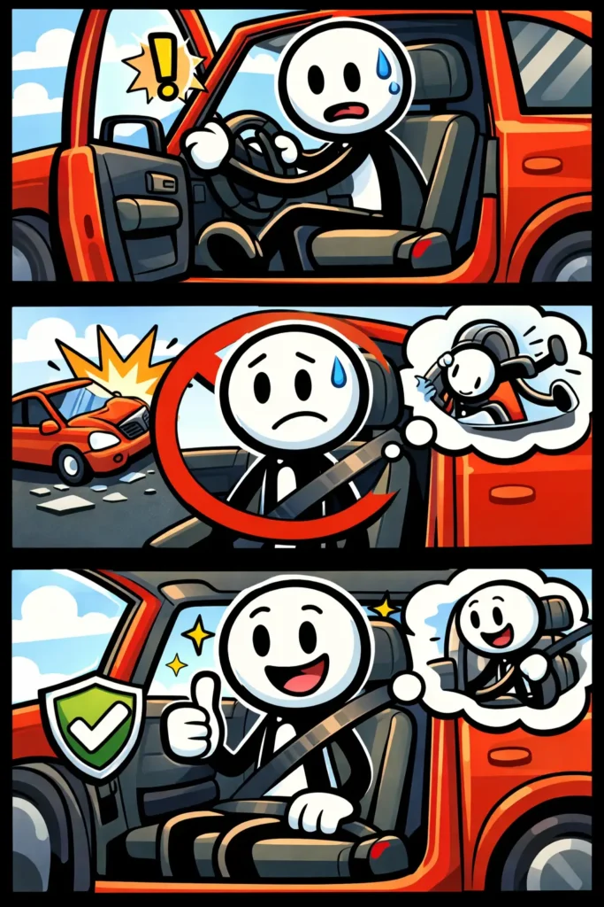 Stripafbeelding van een stickman in de auto met een veiligheidsgordel die hen beschermt.