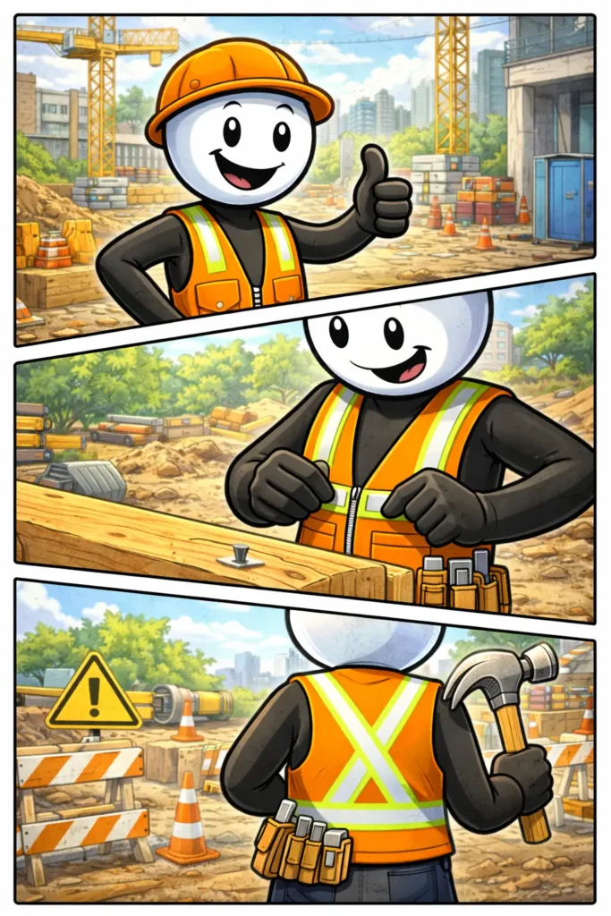 Toonwords-stripafbeelding van een stickman die een veiligheidsvest draagt op een bouwplaats, bij het Nederlandse woord Veiligheidsvest.