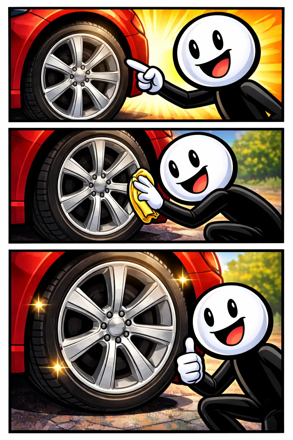 Stickman wijst een velg van een auto aan en laat zien hoe de band om de velg zit.