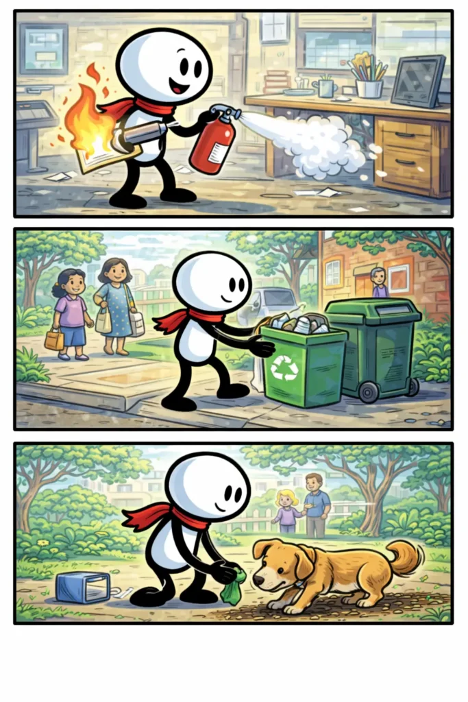 Drie panelen onder elkaar in Toonwords-stijl met een stickman die Verantwoordelijkheid toont door problemen op te lossen en zorg te dragen voor zijn omgeving.