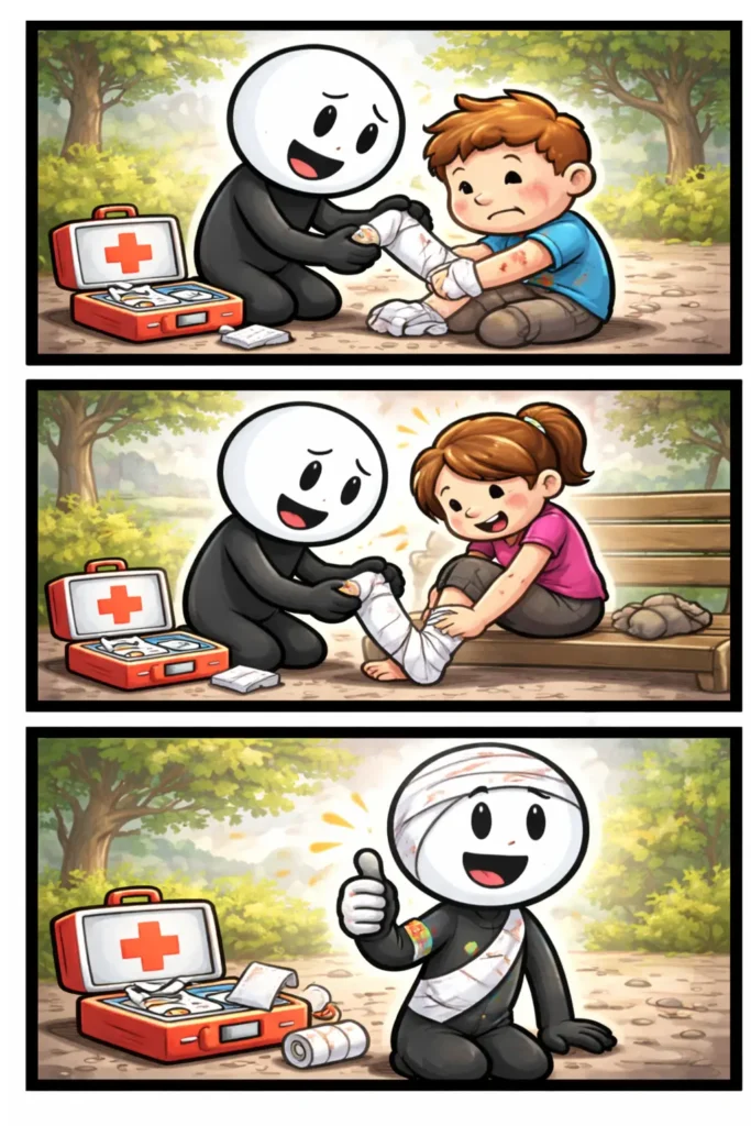 Stripafbeelding in Toonwords-stijl van een stickman die een Verband aanbrengt bij een wond in drie opeenvolgende panelen.