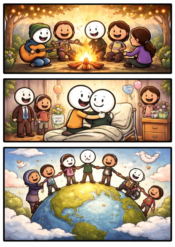 Drie panelen met een stickman in Toonwords-stijl die Verbinding laat zien door samen zijn, elkaar vasthouden en wereldwijd verbonden staan.