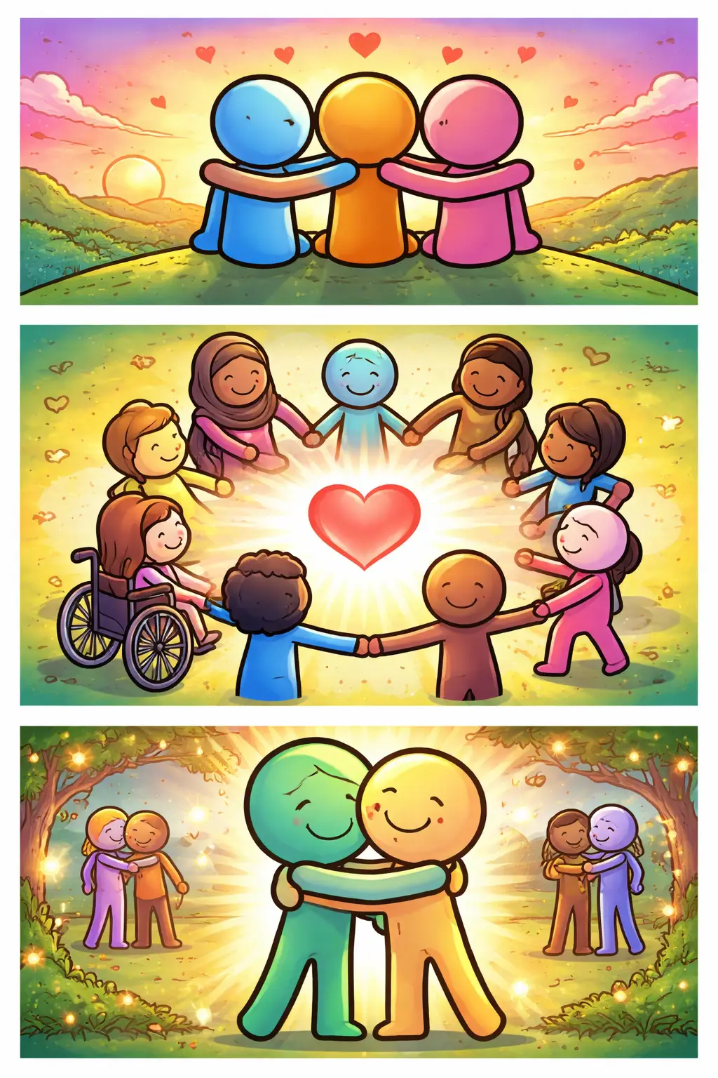 Drie panelen met een stickman in Toonwords-stijl die Verbondenheid laat zien door mensen die visueel met elkaar verbonden zijn.