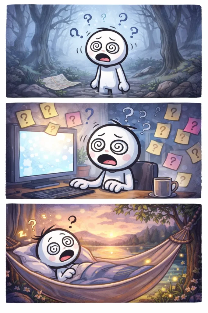 Driepanelige stripafbeelding van een stickman in Toonwords-stijl die verdwaasd is, met een verwarde houding en trage reacties.