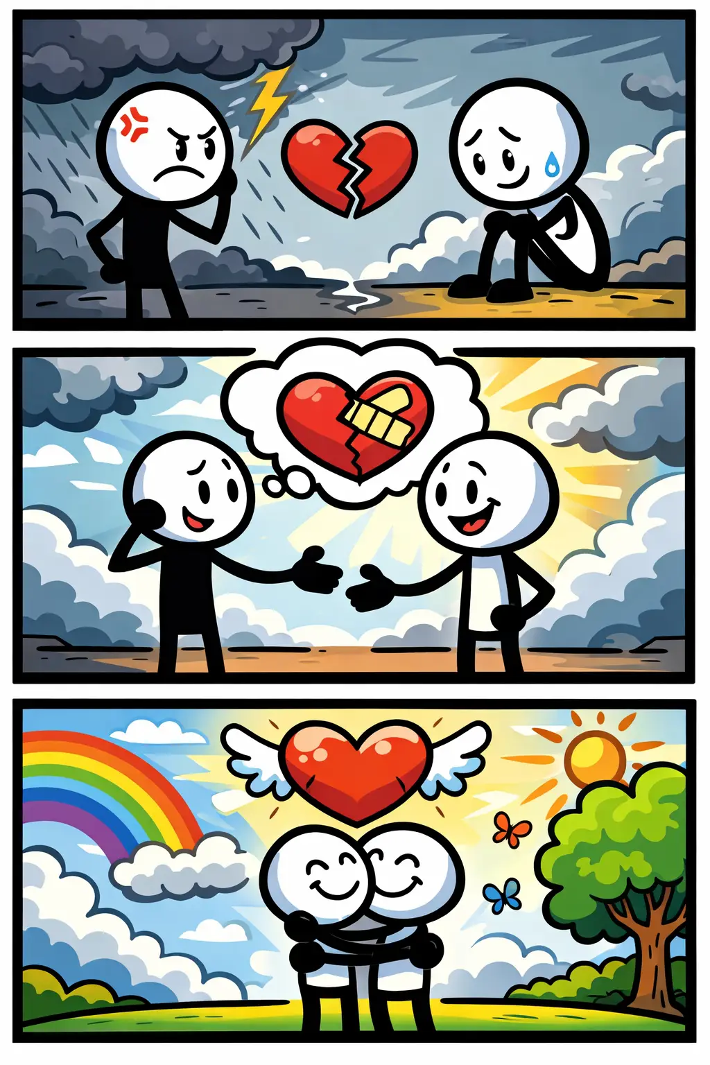 Driepaneels stripafbeelding in Toonwords-stijl met een stickman die het thema vergeving uitbeeldt, zonder tekst en met zwart kader.