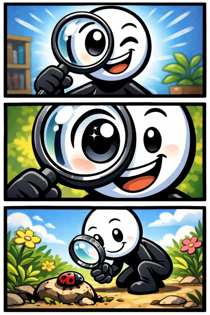 Stickman onderzoekt iets met een vergrootglas in drie panelen in Toonwords-stijl.