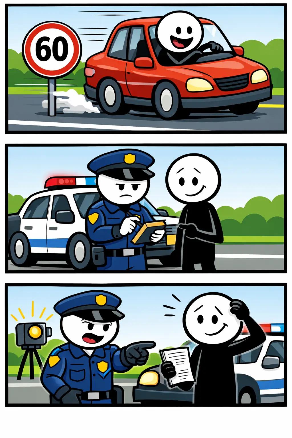 Een stickman krijgt een boete voor een verkeersovertreding in drie panelen.