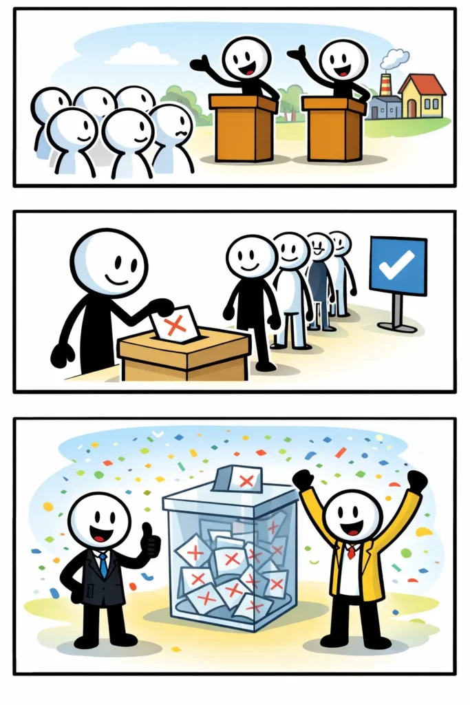 Driepanelige stripafbeelding met stickman in Toonwords-stijl over Verkiezingen, waarin stemmen en het tellen van stemmen worden uitgebeeld.