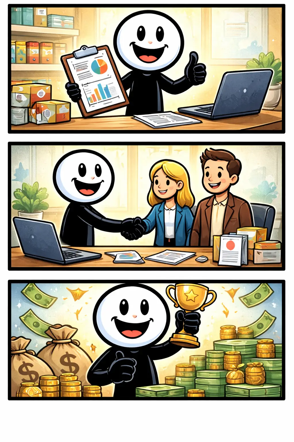 stickman die bezig is met verkoopwerk achter een toonbank met producten; het woord Verkoopwerk zichtbaar