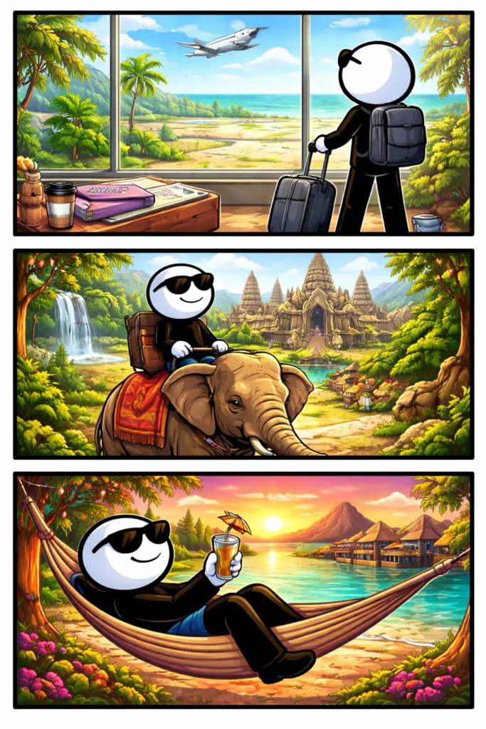 Toonwords-stripafbeelding van Verre reis met een stickman die in drie panelen onderweg is naar een verre bestemming en het gevoel van afstand en ontdekking ervaart.