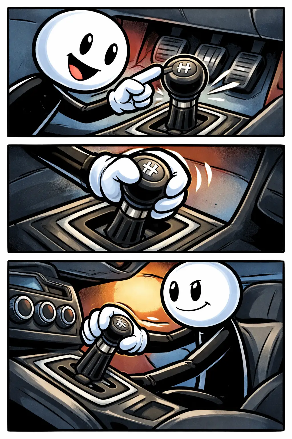 Toonwords-strip van een stickman die de versnellingspook aanwijst, vastpakt en schakelt in een auto.