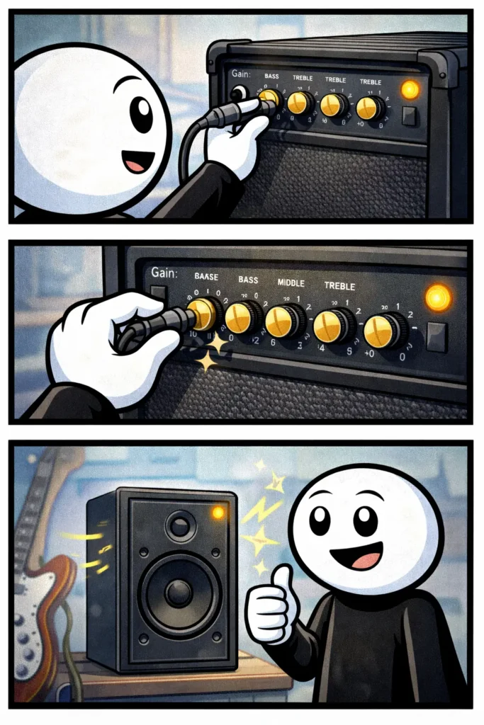 Stickman die een versterker gebruikt en de knoppen instelt – Versterker.