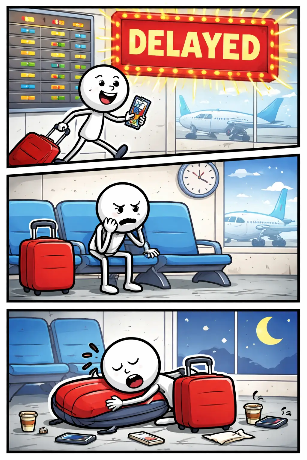 Drie-panelen strip van een stickman op het vliegveld die te maken krijgt met vertraging, met koffer en wachthouding.