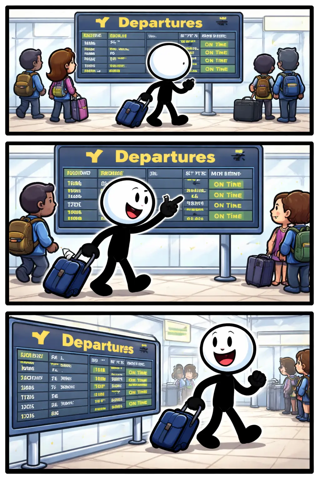 Stripafbeelding met drie panelen van een stickman bij een vertrekbord op de luchthaven, terwijl het vertrekbord vluchtinformatie toont en de stickman kijkt naar tijden en gates.