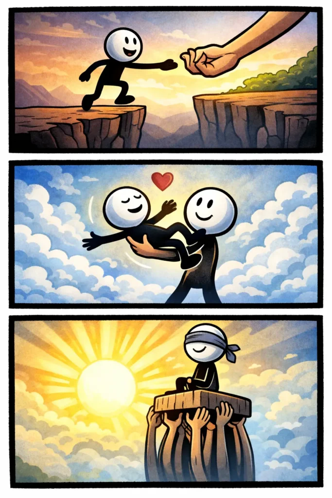 Driepanelenstrip met een stickman in Toonwords-stijl die het woord Vertrouwen uitbeeldt door loslaten, steun en innerlijke rust.