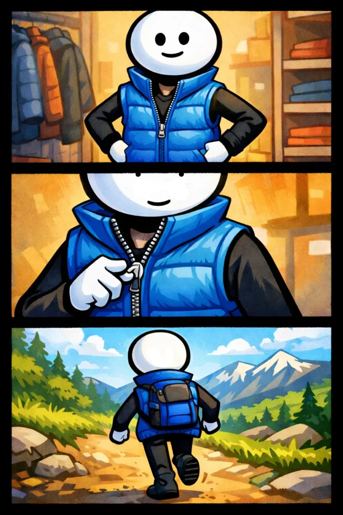 Stickman met twee ogen en een mond in Toonwords-stijl die een blauw vest draagt – Toonword “Vest”.