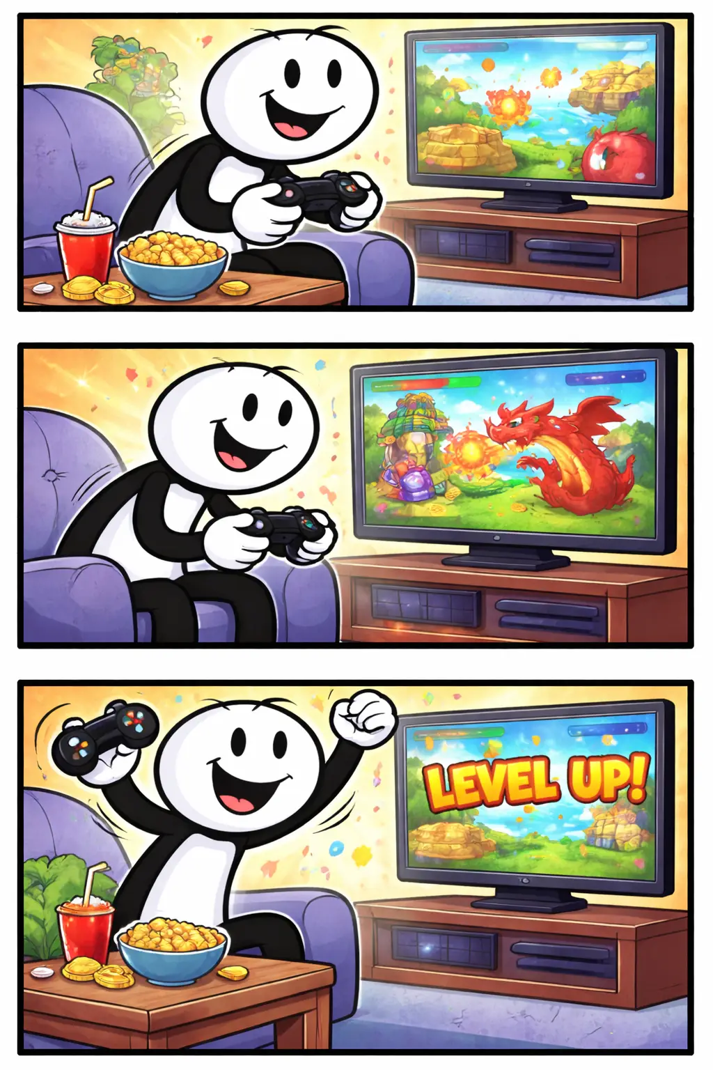 Stickman speelt enthousiast een videogame met een controller in een kleurrijke gamewereld.