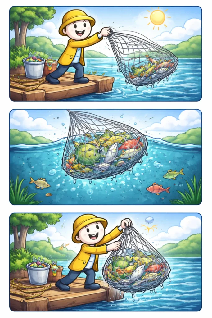 Stripafbeelding in Toonwords-stijl van een stickman met een visnet in het water.