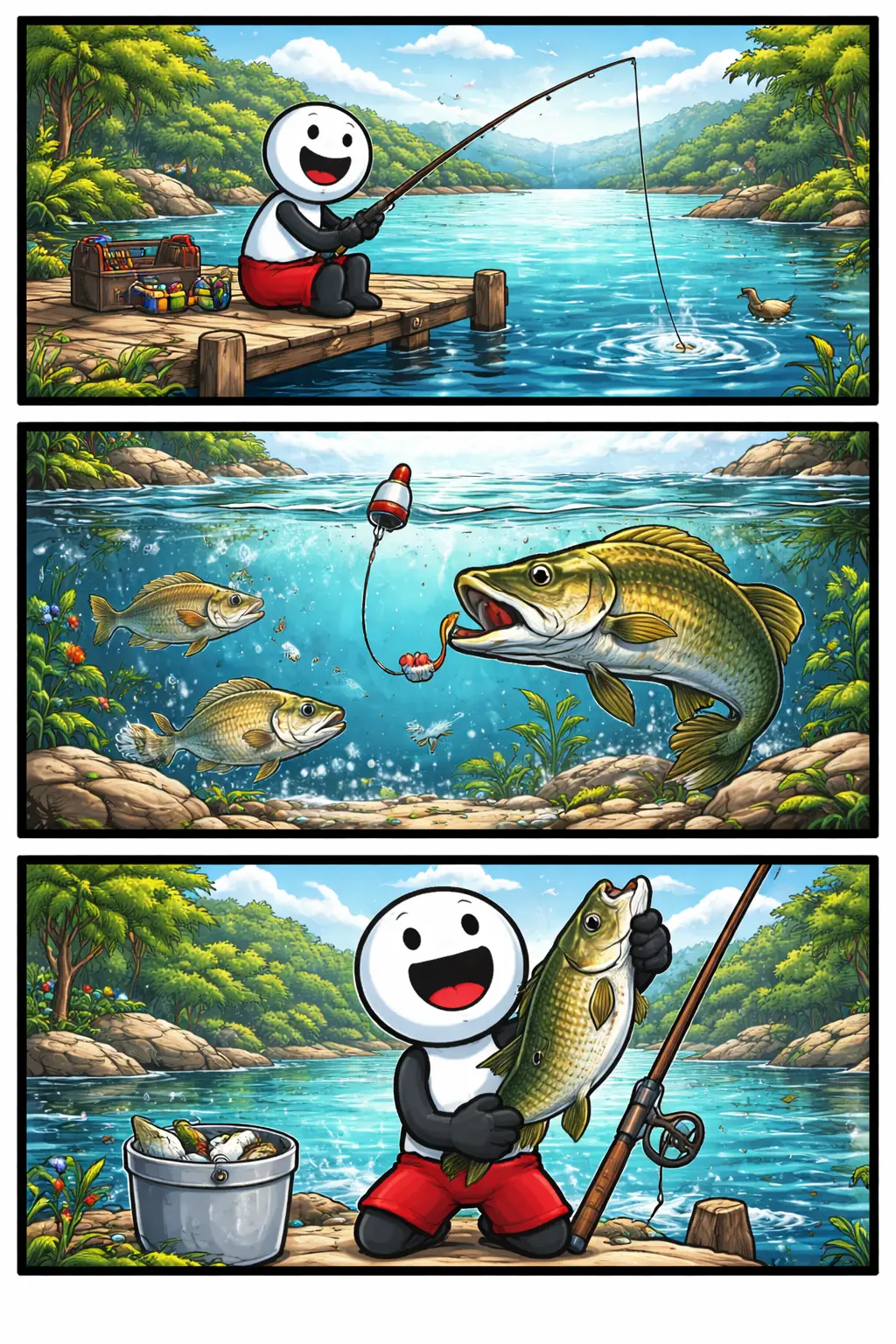 Drie-panelen stripafbeelding van een stickman die vissen laat zien aan de waterkant met verschillende momenten en camerastandpunten.