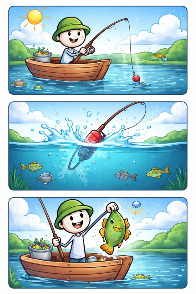 Stripafbeelding in Toonwords-stijl van een stickman als visser, die aan het water vist, zonder tekst.