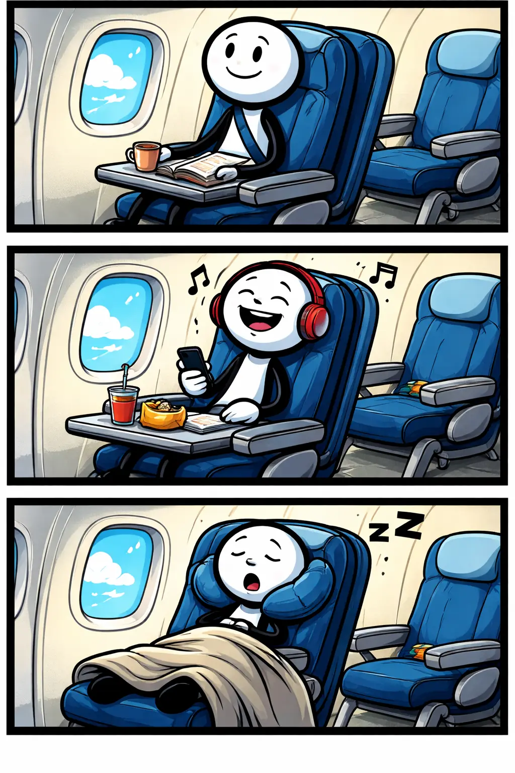 Stickman zit in een vliegtuigstoel tijdens een vlucht, verdeeld over drie panelen in Toonwords-stijl.