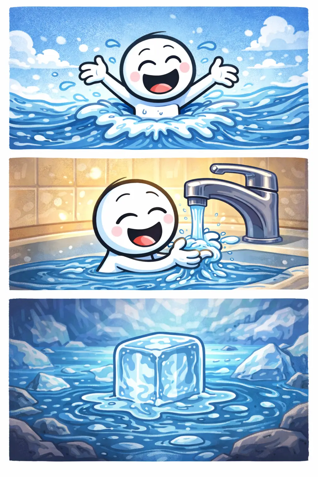 Driepanelige stripafbeelding van een stickman in Toonwords-stijl die laat zien wat vloeibaar is, met water, stroming en smeltend ijs.