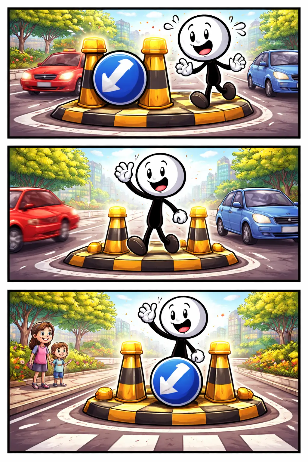 Stickman staat veilig op een vluchtheuvel in een kleurrijke strip met drie panelen.