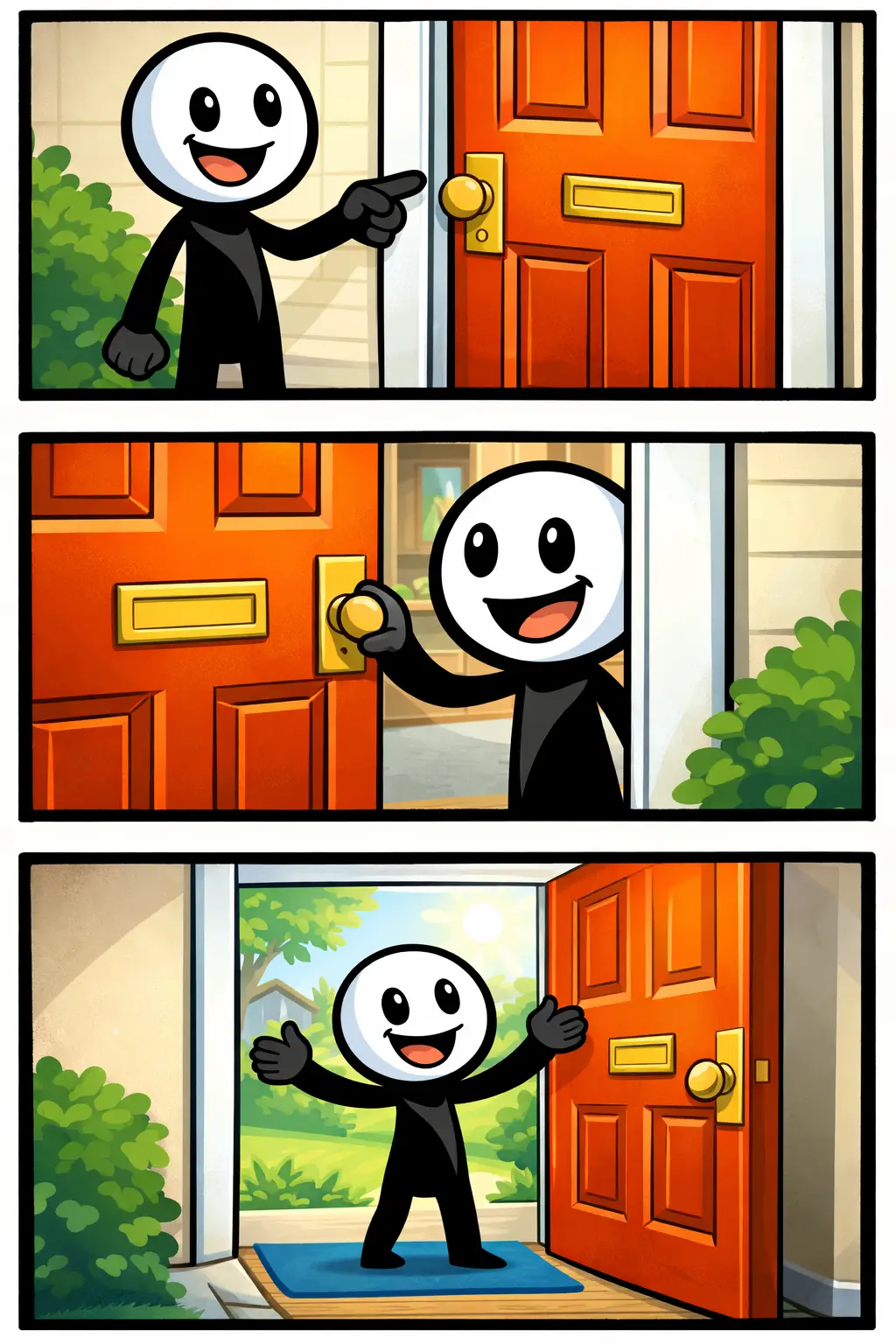 : Stickman bij een kleurrijke voordeur in Toonwords-stijl over het woord voordeur.