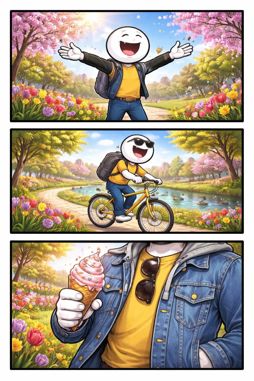 Toonwords-strip met een stickman in het voorjaar tussen bloeiende bloemen, fris groen en zonnig licht.